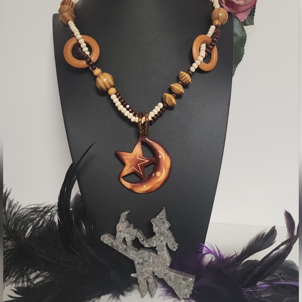Elegant Star and Moon sandalwood Necklace